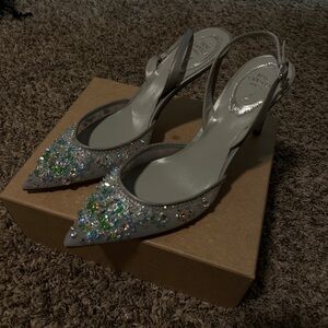 Rene Caovilla Embellished Silver Slingback Pointed-Toe Heels